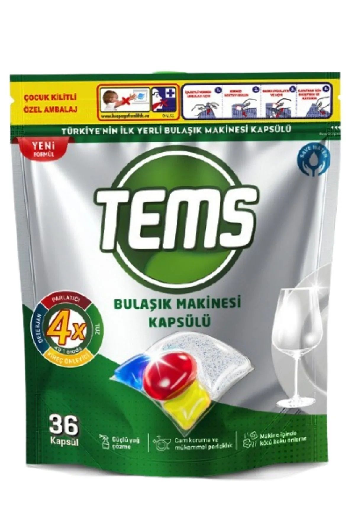 TEMS 4 Etkili Bulaşık Makinesi Kapsül Deterjanı 36'lı Yerli Ürün Anti Malodor Teknolojisi %100 Türk Malı